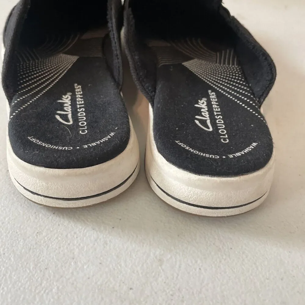 Clarks Cloudsteppers Breeze Shore Black Canvas Slip On Mule Shoes Size 8.5 M